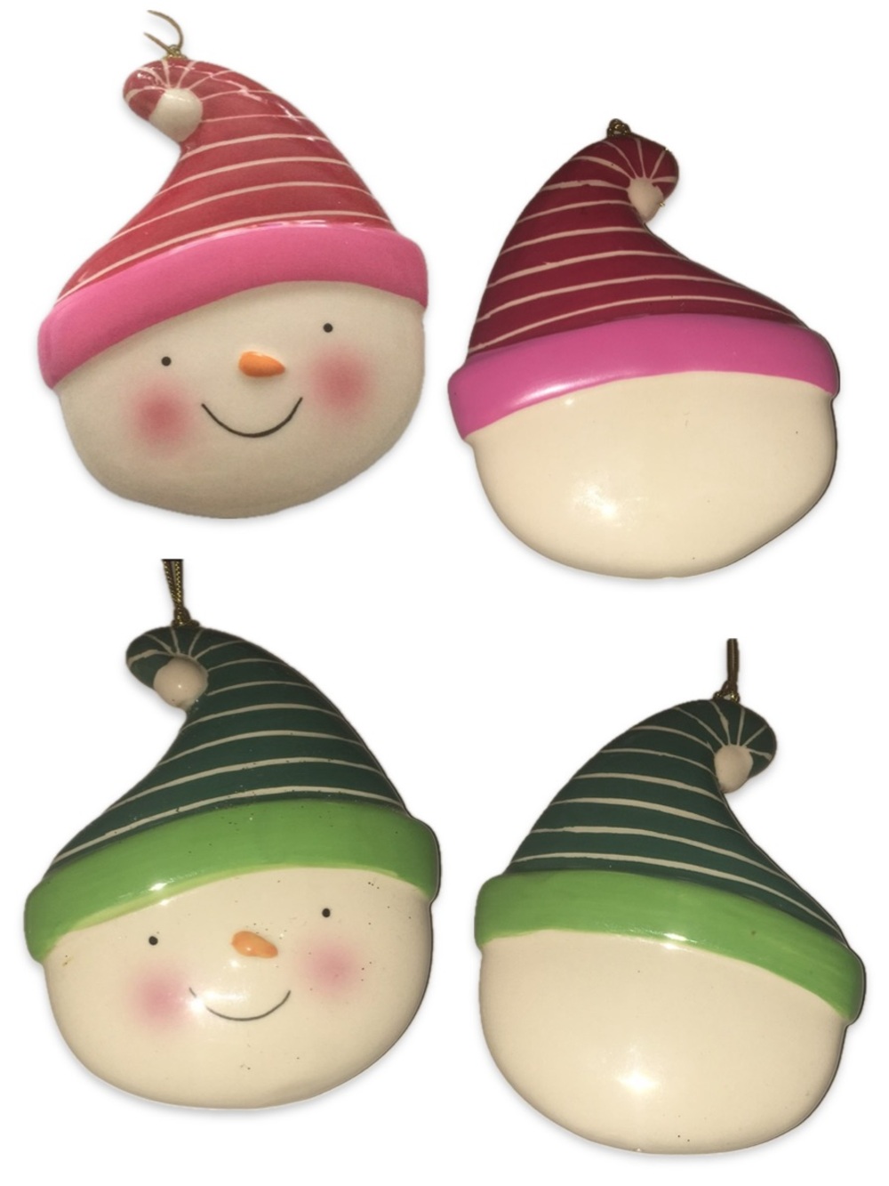Snowman Head Christmas Ornaments Pink Green Stripe Resin Set of 4 NWOT NEW